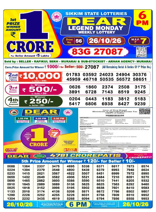 6pm lottery result for 2026-10-27